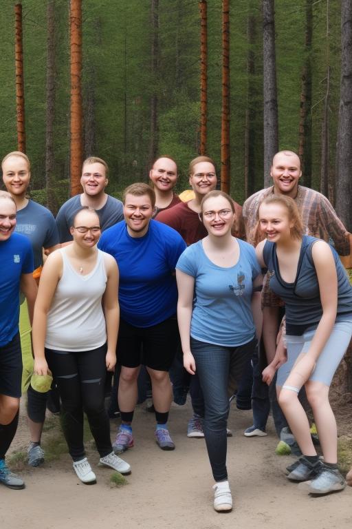 Create a group of 40 people with happy faces who have spent team building day in Vierumäki forest
